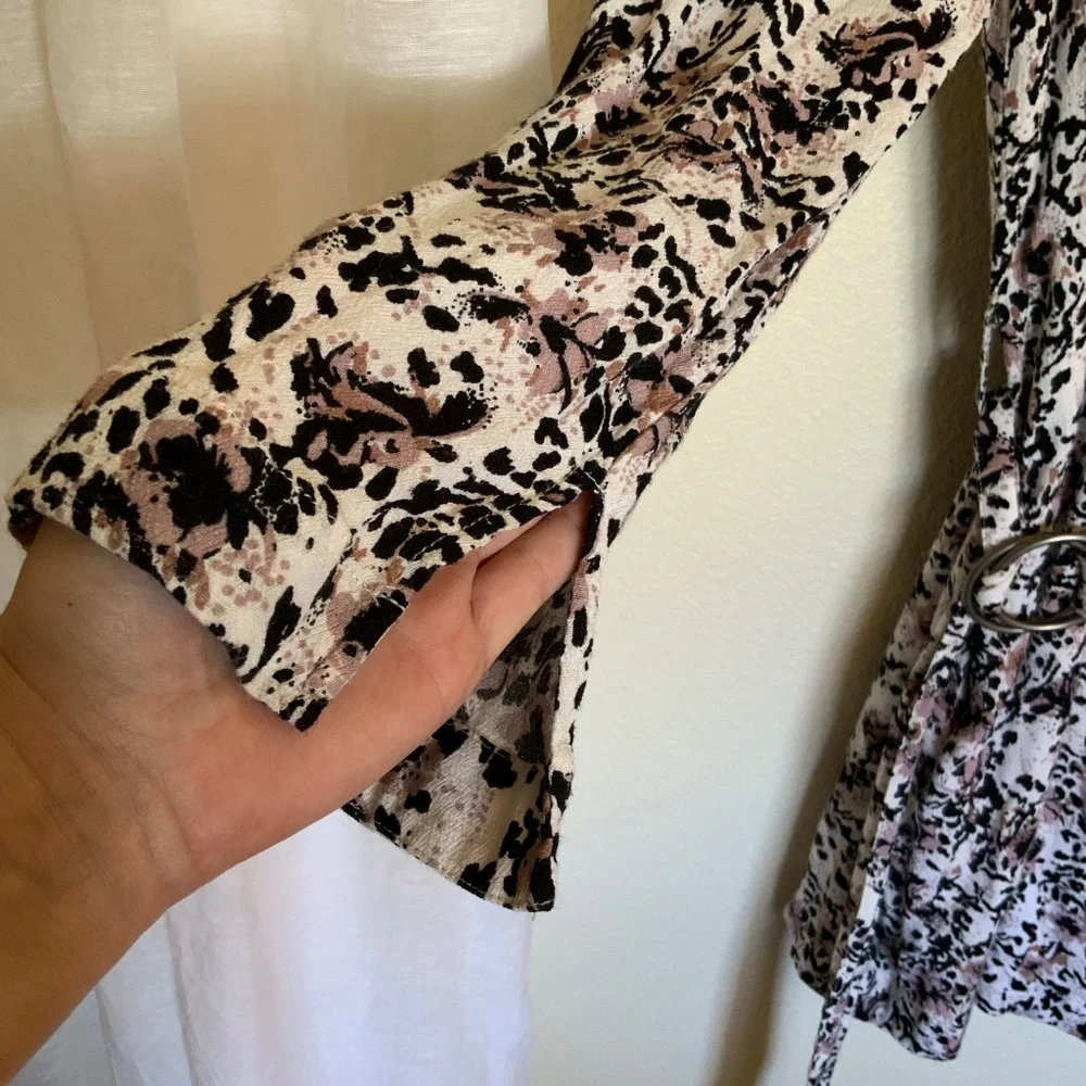 Free People Wrap Dress Leopard Print Pink Black Belted Size Medium